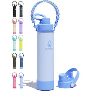 24 oz Insulated Water Bottle with 2 Lids (2-in-1 Straw & Spout Lid, Magnetic Lid), Slim Water Bottle with Strap, Stainless Steel Water Bottle for Hiking, Gym, Travel, BPA-Free, Light Blue