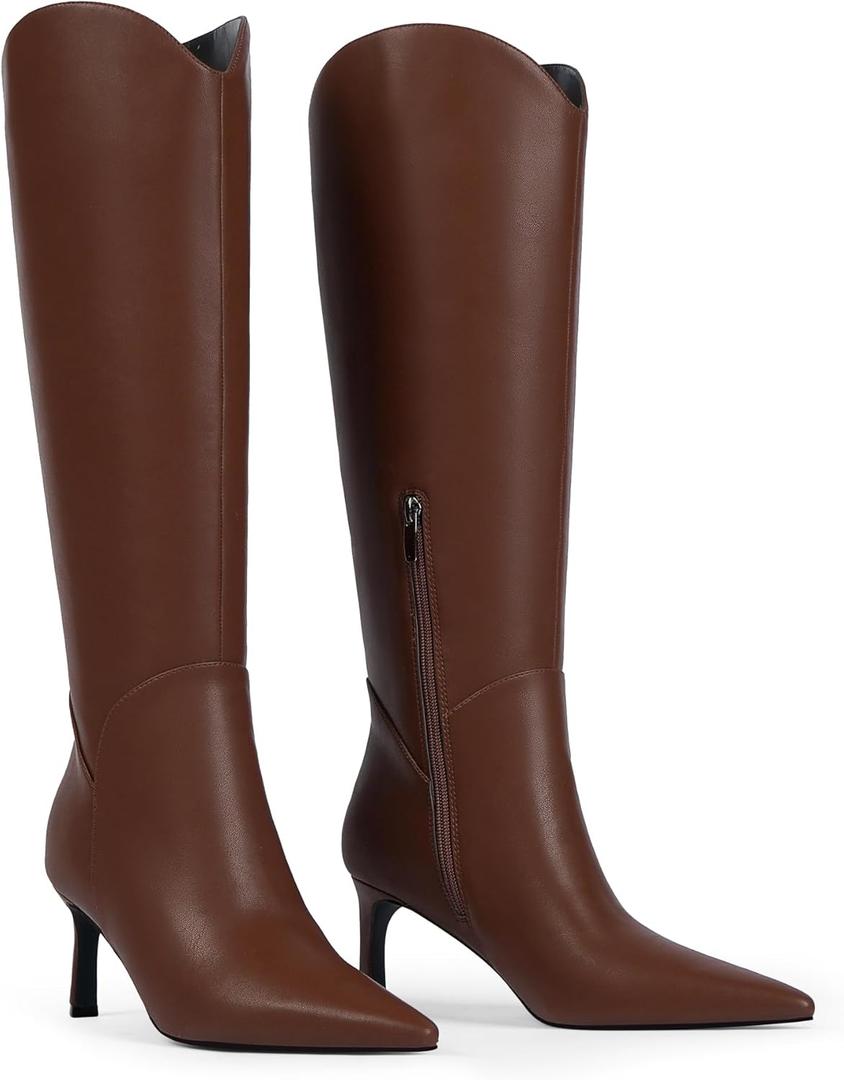 Women Knee High Boots Pointed Toe Kitten Heel Tall Boots for Women Side Zipper Fall Knee High Boots (7.5, A. Brown)