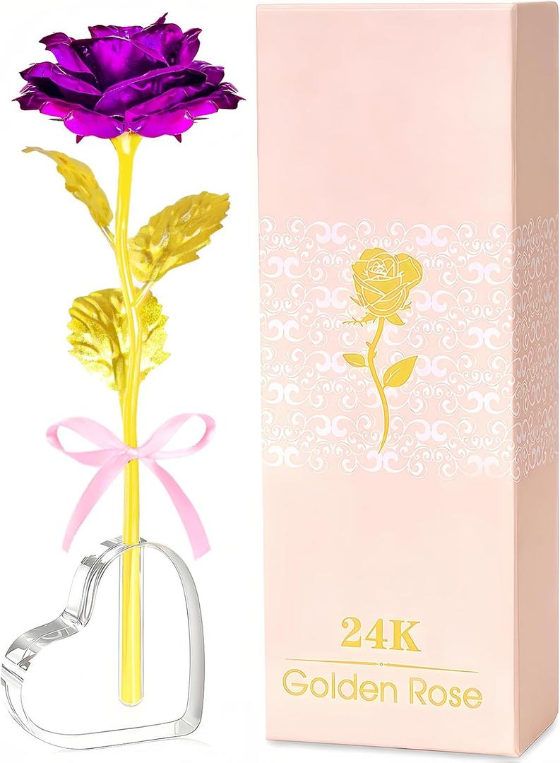 Valentines Day Rose Gifts for Her, Birthday Gifts for Women Mom Galaxy Rose Glass Forever Flowers with Heart-Shaped Base Eternal Crystal Roses Valentine Gifts for Grandma Wife Sister Girlfriend (Purple)