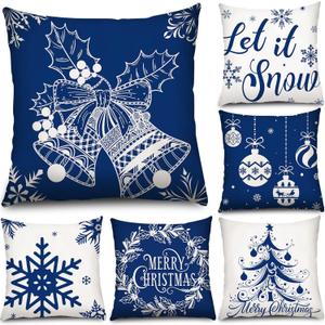 Tatuo 6 Pcs Christmas Pillow Covers Cushion Covers Decoration Christmas Pillow Cover Holiday Decor Throw Pillow Case for Sofa Couch Christmas Office Bedroom Decorations (Blue Style, 18 x 18 Inch)