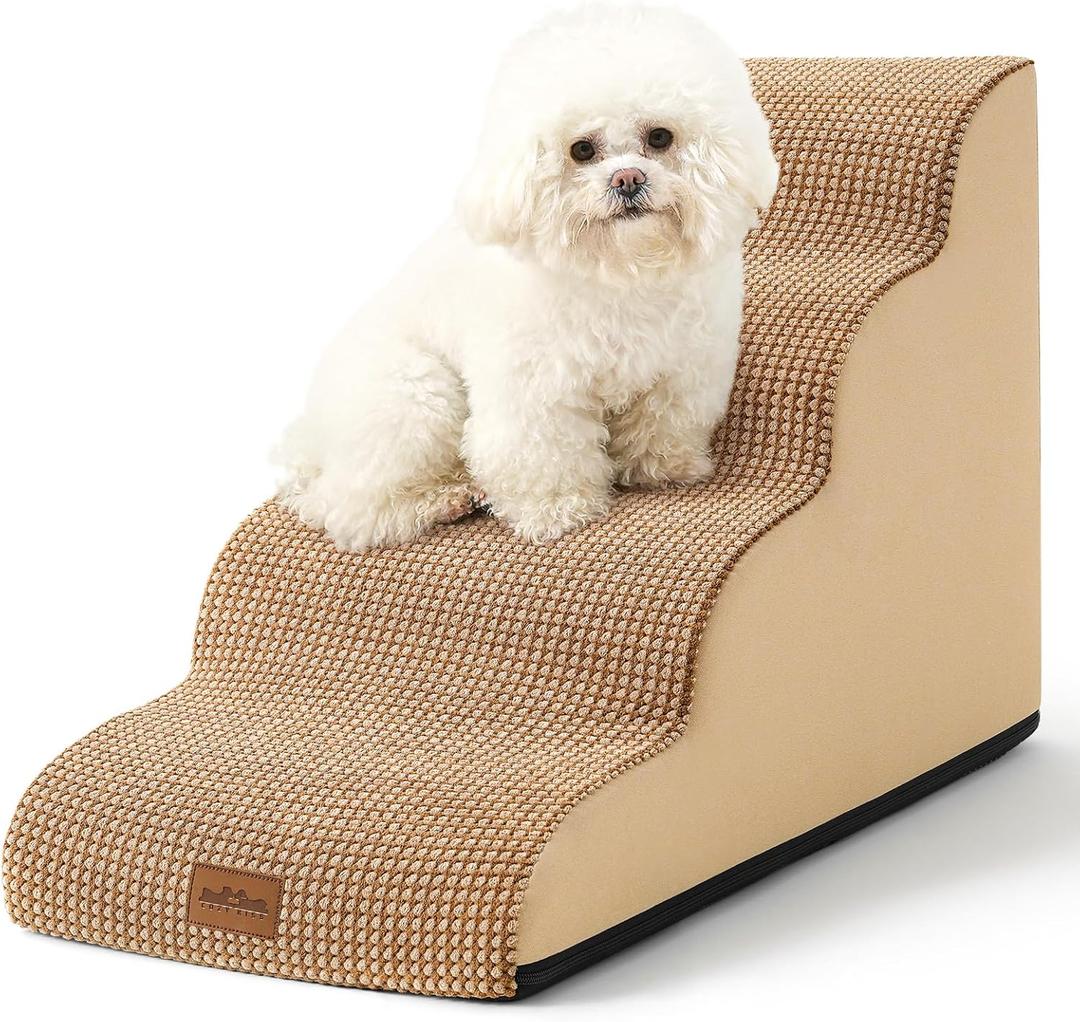 Dog Stairs for Small Dogs, Curved Dog Step for Puppy, Older or Cat, Medium Pet Ramp for Sofa, Couch or Bed, Ladder with High Density Foam, 15.7x28.3x19.7 inch, 4 Step, Light Brown