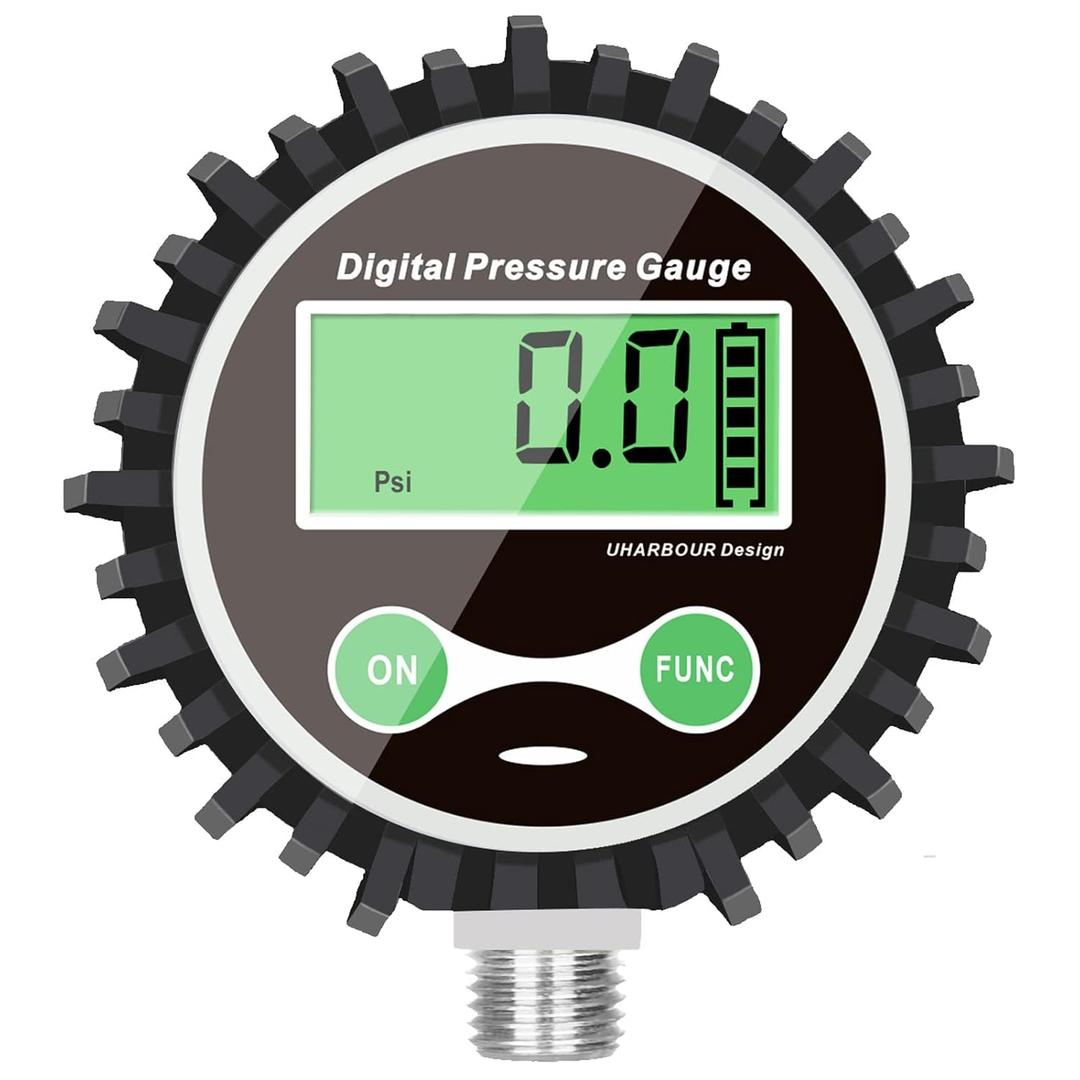 Digital Air Pressure Gauge with 1/4'' NPT Bottom Connector and Rubber Protector, 5-200psi Tire Pressure Gauge, Accuracy 1% F.S.