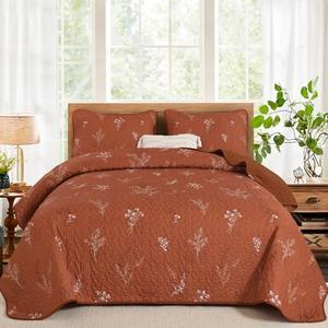 Drucon Burnt Orange King Set Queen Size Branch Bedspread Coverlet Set, Terracotta Botanical Floral Pattern Quilted Bedding Set 3 Piece Soft Microfiber Bed Cover for All Season (96''x90'')