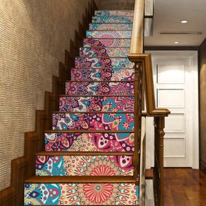 funlife 7PCS Boho Mandala Totem Peel and Stick Stair Riser Stickers, Self Adhesive Vinyl Staircase Riser Decals Decor for Steps, 39.37"X7.09" Multicolor Romany Floral Mandala