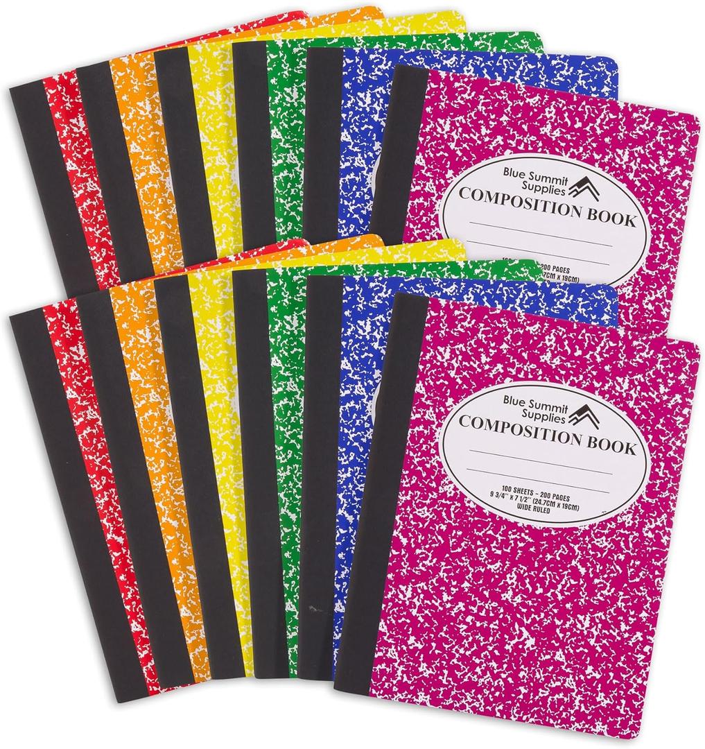 Blue Summit Composition Notebook Wide Ruled, Assorted Color Wide Ruled Composition Notebook, Marble, 100 Sheets per Book, Bulk 12 Pack