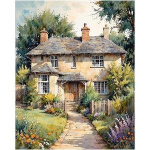 Cottage House Paint by Numbers Kit for Adults - DIY Charming Country Home with Garden Path Painting on Canvas 16x20In, Framed Acrylic Paint Set, Suitable for Beginners, Scenic Art for Home Decoration