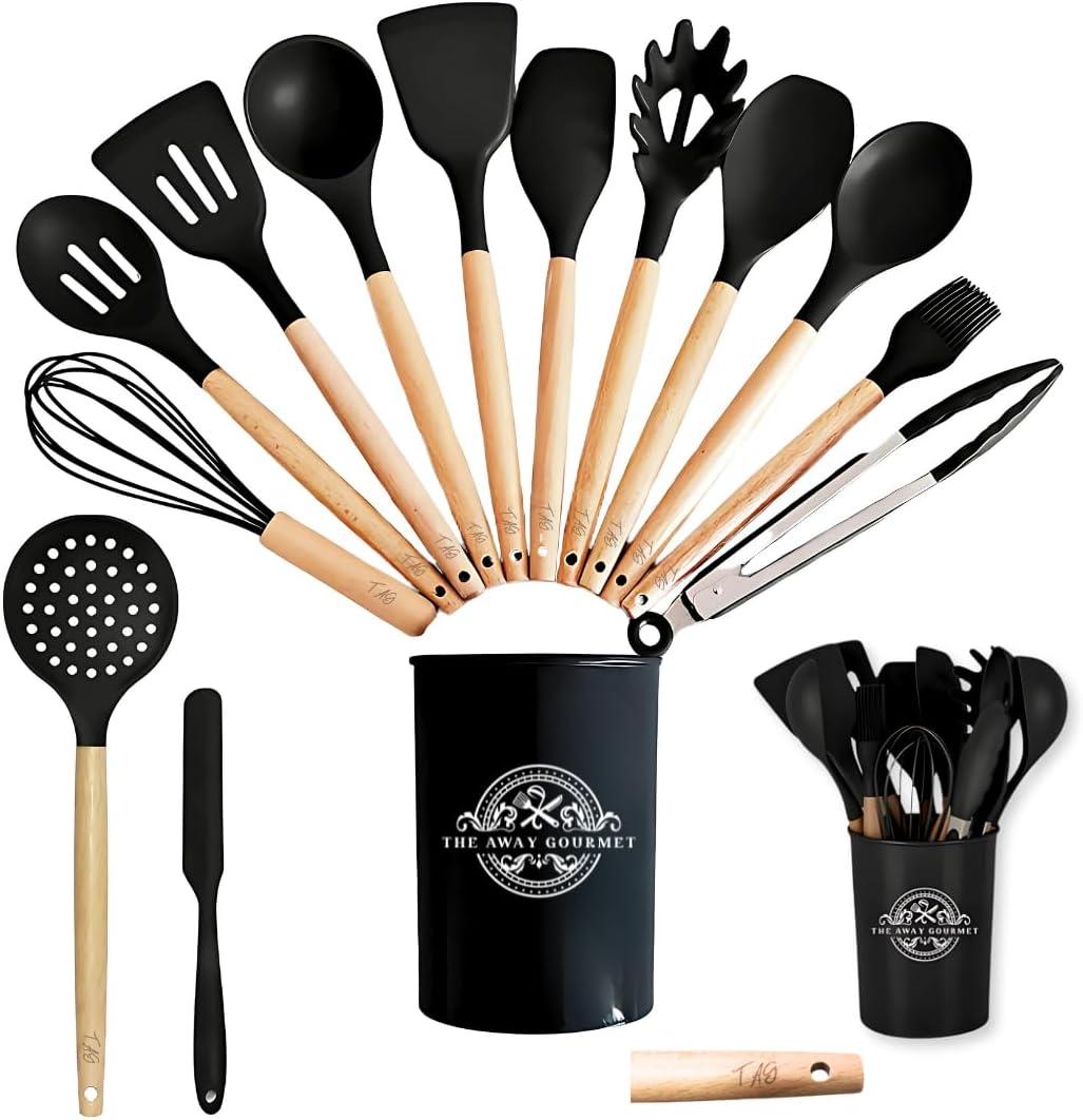14 Piece Kitchen Utensil Set, with Wooden Handles, Includes Spatula, Whisk, Slotted Spoon - 446F Heat Resistant with Holder for Nonstick Cookware (BPA Free) (Black)