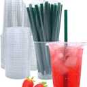 16 oz Clear Plastic Cups with Lids and Straws, Disposable Coffee Cups 25 Sets