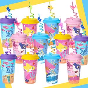 Lidmada 24 Set Shark Birthday Favors Cups with Silly Straws Bulk, 16 OZ Shark Reusable Plastic Cups for Kids Baby Party Decorations Supplies Goodie Bag Stuffers