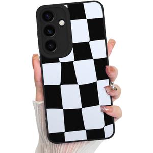 KANGHAR Compatible with Samsung Galaxy S24 Fe Case, Silicone Checkered Cute Pattern, Camera Protection Soft Slim Phone Case for Girls Women -Black and White
