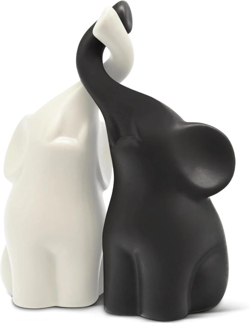 OwMell Set of 2 Loving Elephant Statue Figurine, 6" Elephant Ring Holder, Gifts for Couples Home Lucky Decor - Matte