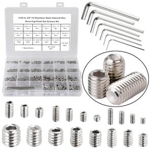 380Pcs 19 Sizes #4-40 to 3/8"-16 UNC Standard SAE Hex Socket Cup Point Set Screws, Allen Head Grub Screws, Internal Hex Drive Headless Screws Assortment with 7pcs Hex Keys, 304 Stainless Steel