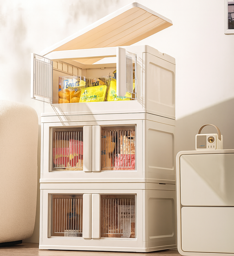 3 Pack Large Capacity Plastic White Storage Bins with Lids-Folding Storage Box with Doors and Wheels, Stackable Storage Cabinet, Pantry Storage, Room Organizer, for Kitchen Living Room (White, XL)