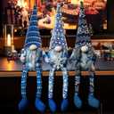 unanscre Blue Christmas Gnomes Plush Decoration - 3PCS Handmade Xmas Long Dangle Leg Winter Gnomes Hold Snowflake Candy Cane Gift Box Swedish Santa Elf Dolls for Home Table Ornament, Tiered Tray Decor