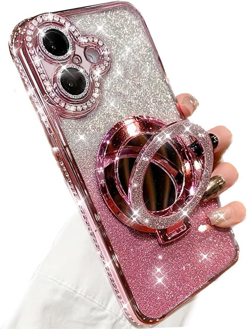 iPhone 16 Plus Magnetic Glitter Kickstand Case, [Compatible with MagSafe] Girly Woman Makeup Mirror Cute Bling Rhinestones Cover + Camera Protector Ring Stand for iPhone 16 Plus (Pink)