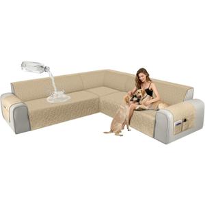 ALIECOM Corner Sectional Couch Covers Waterproof Washable L Shape Sofa Cover Protector Geometric Jacquard Sectional Slipcover Furniture Cover with Adjustable Strap for Pet Dog (XX-Large, Beige)