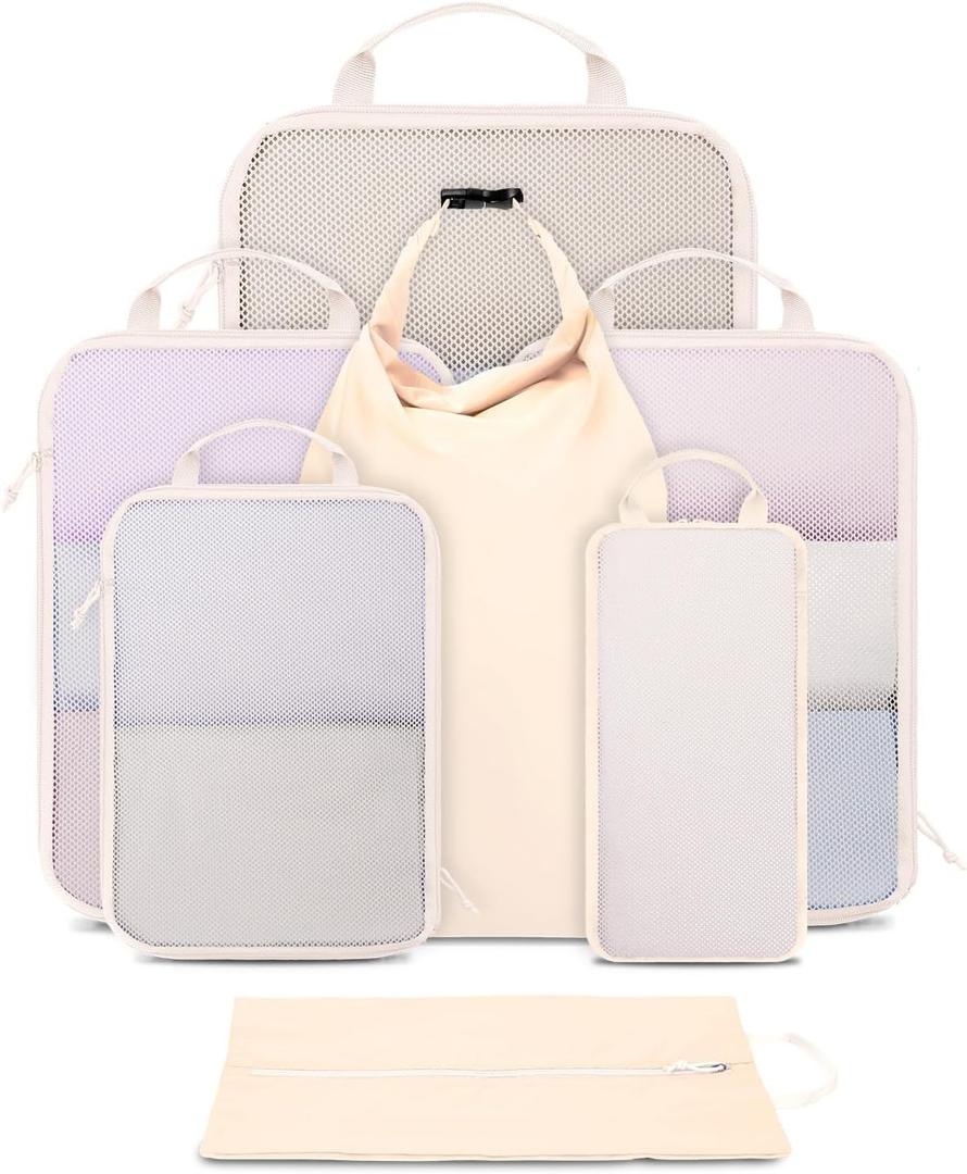Ceneda 7 Set Compression Packing Cubes for Travel, Luggage Organizer Bags Suitcase Organizer for Travel Essentials, Packing Cubes for Suitcase, Handle Storage Bags Set (Beige)