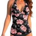 Vivola Women's V Neck Tankini Sets Slimming Two Piece Tummy Control Swimsuit Trendy Floral Printed Bathing Suit Halter Push up Modest Swimwear, S