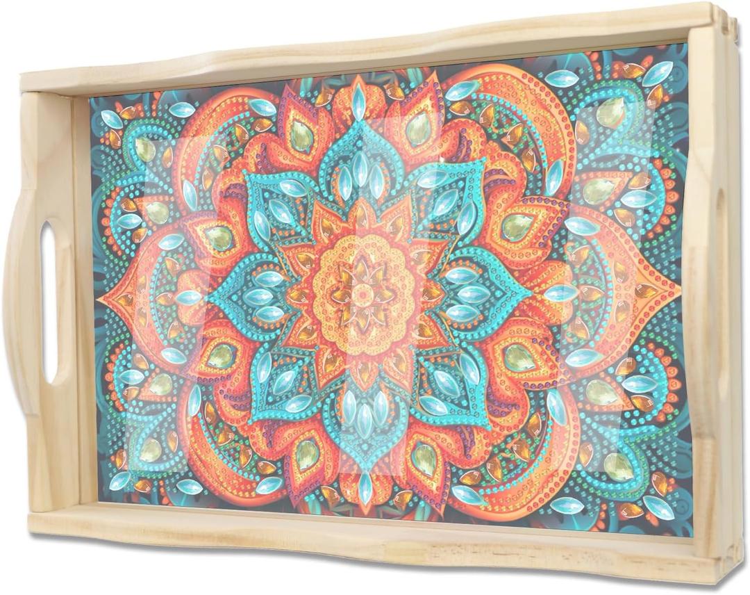 EWJRNSF Diamond Art Kits for Adults Wooden Serving Trays with Handles, 5D Diamond Painting Big Gem Arts and Craft Gifts Trays Decor Gift Home Decor 9.8x13.8 Inches Mandala E