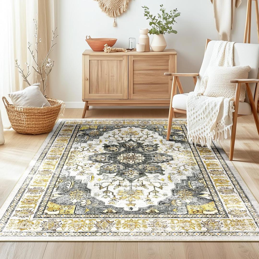 BESTSWEETIE 3x5 Area Rug Washable Rugs for Living Room, No Pile Boho Carpet for Entryway Bedroom Dinning Room, Vintage Carpet Print Distressed Non-Slip, 3 x 5 ft, Grey Brown