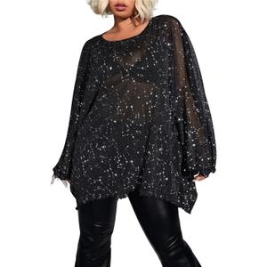 WDIRARA Women's Plus Size Star Print Mesh Glitter Round Neck Long Sleeve Oversized Sparkly Tee Top (Black, L)