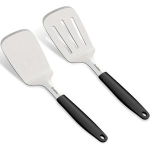 13.4 in Stainless Steel Spatula Set of 2, Heavy Duty Solid & Slotted Metal Spatula with Silicone Handle for Cast Iron Skillet, Egg, Burger and Grilling, Large