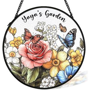 Yaya Mothers Day Christmas Birthday Gifts Suncatcher Stained Glass Window from Grandkids for Yaya Grandma, Grandma Gift Stained Glass Wall Decor, Yaya's Garden Catchers Indoor Window,7.9x7.9In