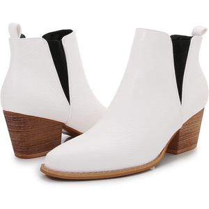 MM Women's Pointed Toe Mid Heels Chelsea Ankle Boots, Slip On Elastic Chunky Block Wooden Heel Short Western Booties for Ladies, Fall, White, 7 