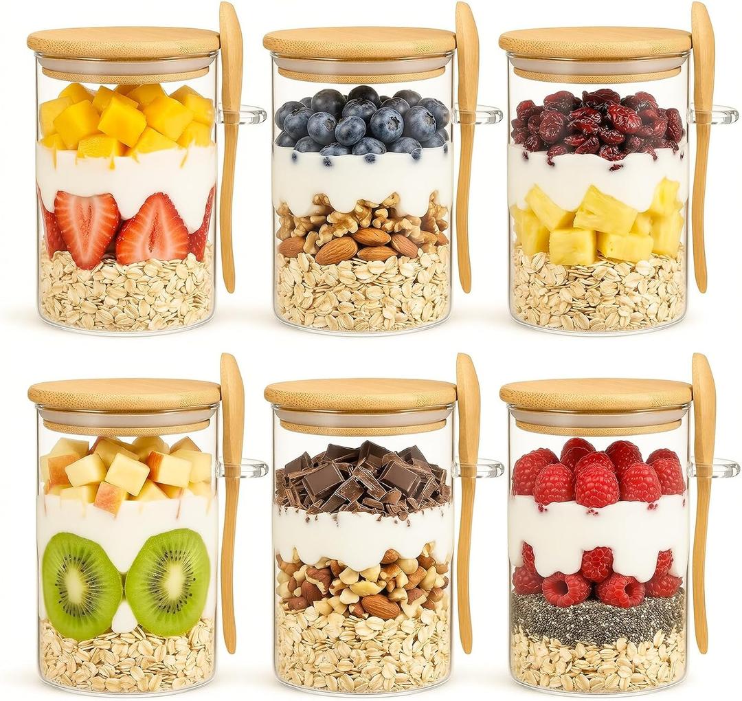 6 Pack Overnight Oats Containers with Bamboo Lids, Labels & Spoons, 22oz Glass Jars with Bamboo Lids, Airtight Meal Prep Jars Yogurt Containers for Chia Seed Pudding Salad Cereal Coffee Flour