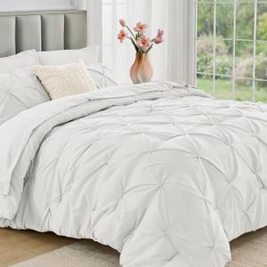 JOLLYVOGUE Queen Comforter Set 7 Pieces - Bed in a Bag Queen for All Season, Pintuck Bedding Comforter Sets with Comforter, Flat Sheet, Fitted Sheet and Pillowcases & Shams, White