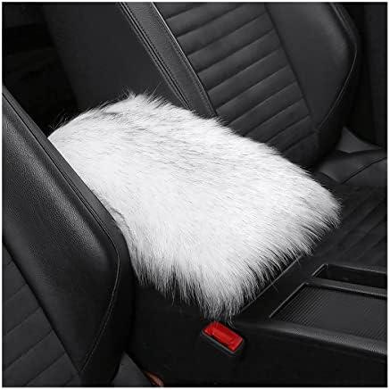 Pack Of 2 Furry Auto Center Console Cover Pad, 11.8"x7.8" Soft Sheepskin Wool Armrest Cushion, Fluffy Vehicle Armrest Seat Box Protector, Car Interior Accessories for Women Men (White/Black)