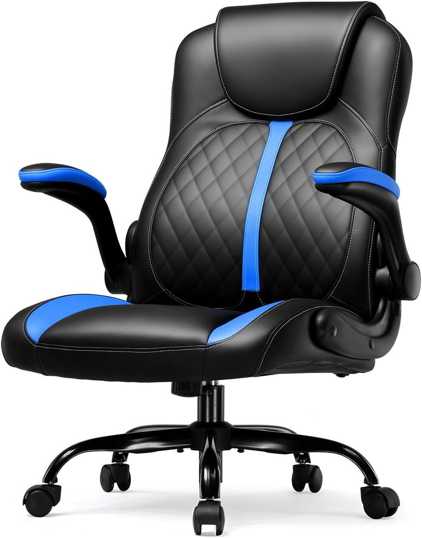 GTRACING Office Computer Gaming Chair Ergonomic Desk Chair for Adults with Lumbar Support Flip-Up Arms Adjustable Height Swivel Wheels PU Leather Executive Design for Short People Use, Blue