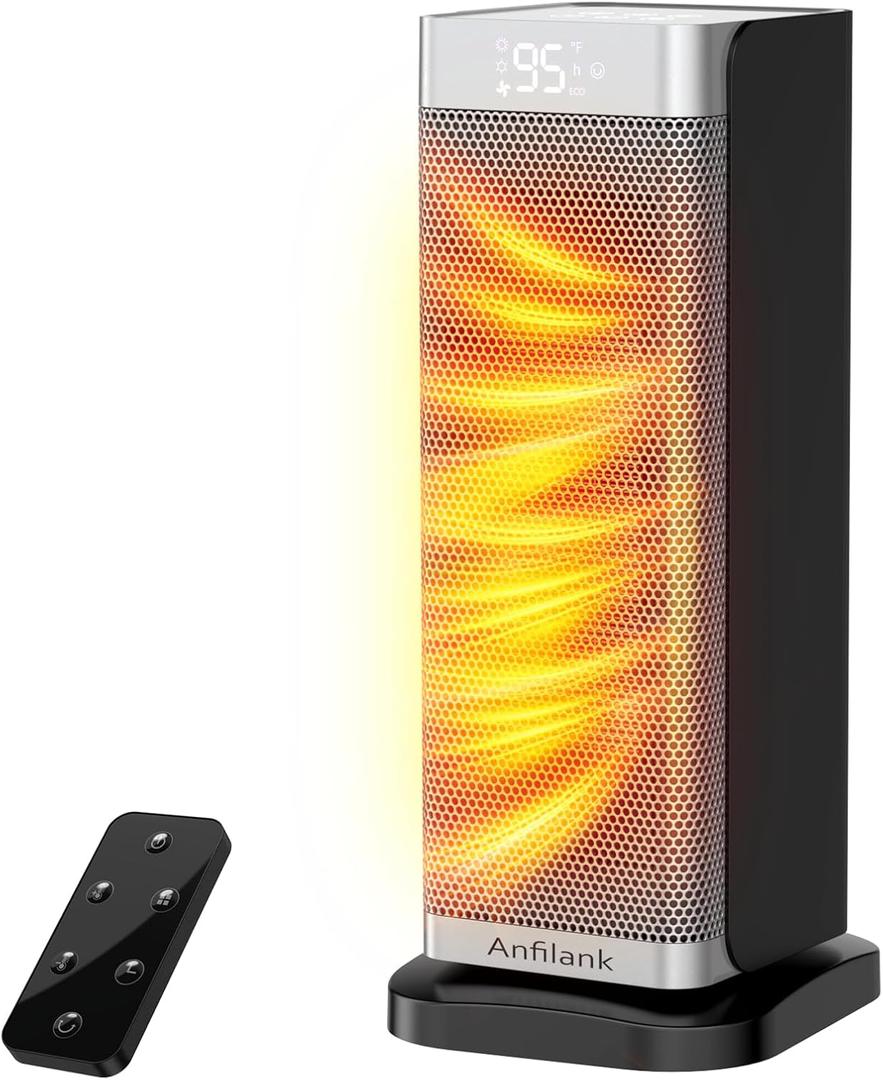 Space Heater with Room Temp Display, 1500W Fast Heating PTC Ceramic Electric Heater for Large Room, 70 Oscillation, Remote, Thermostat, 12H Timer, Quiet for Office and Bedroom