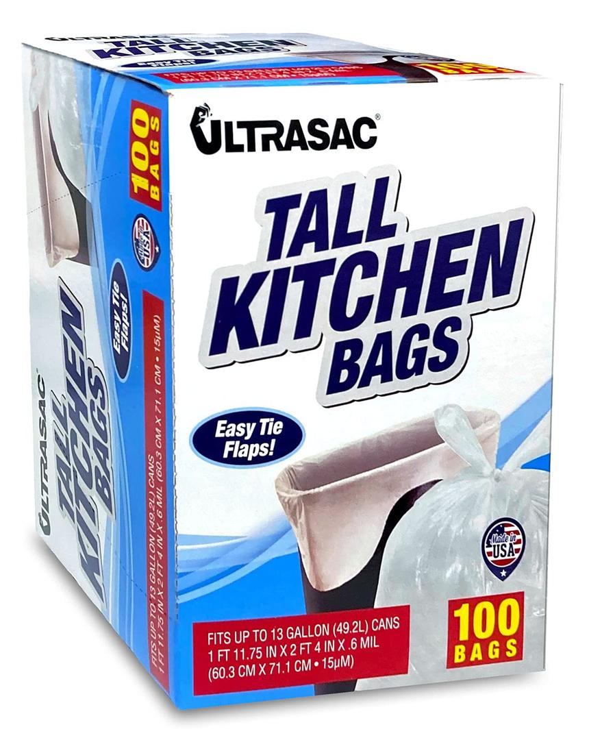 Ultrasac 13 Gallon 0.6 MIL White Tall Kitchen Garbage Bags with Flap Tie - 24" x 28" - Pack of 100 - for Home, Kitchen, Office, Commercial, & Industrial