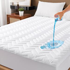 Queen Size Waterproof Mattress Protector Quilted, Breathable Ultra-Soft Filling Mattress Pad, Fitted Deep Pocket Mattress Cover Fits 6''-25'' Mattress White