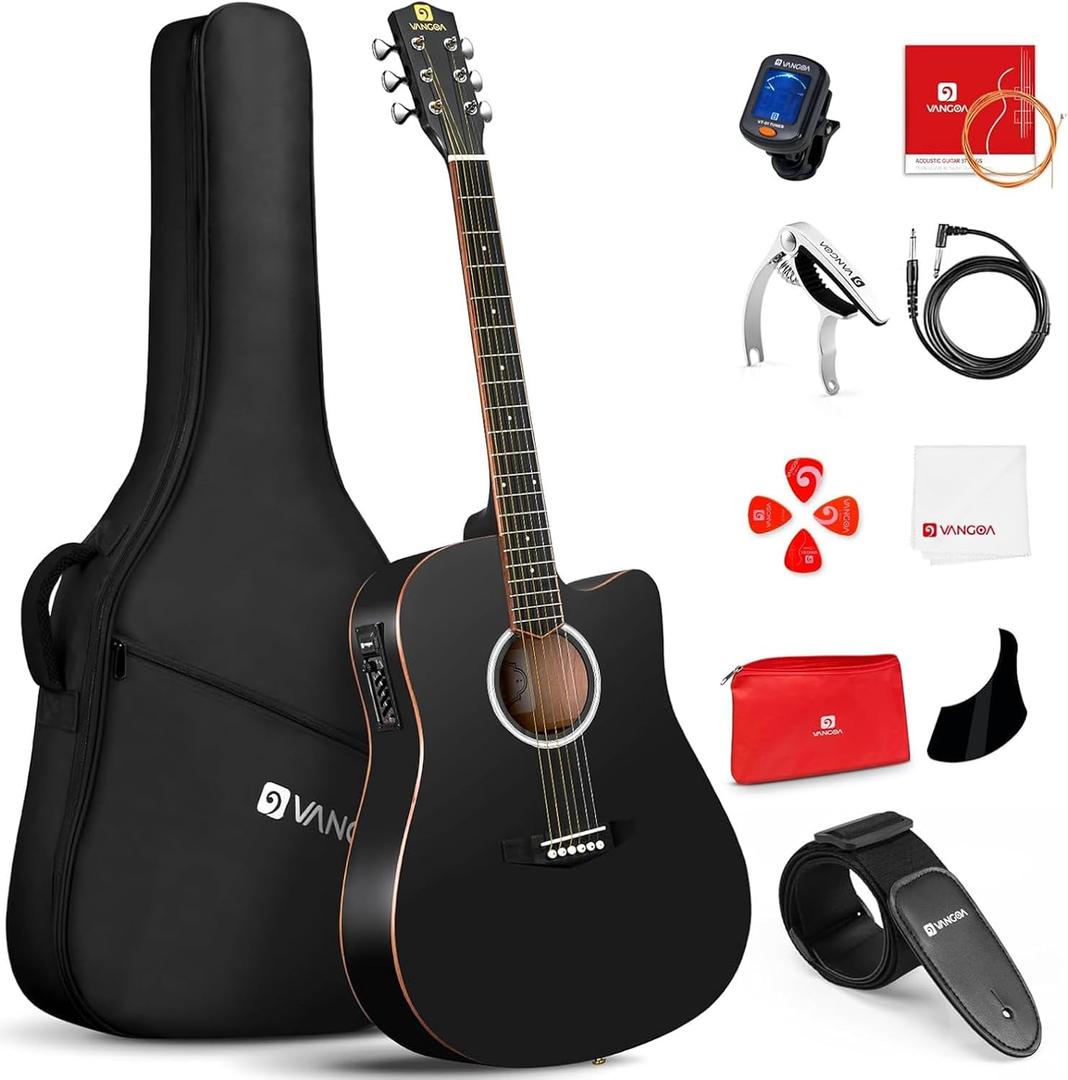 Vangoa Acoustic Electric Guitar Bundle for Beginners Adults Teens Full Size Cutaway Acoustic Guitar with Built-in Pickups, Wooden Bindings, Upgraded Starter Kit, Matte Black (Matte Black)