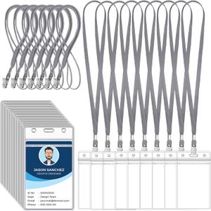 Marspark 100 Pcs Name Tag Lanyards with ID Holder Lanyards for ID Badges Resealable Flat Neck Name Tag with Clip Waterproof Plastic Clear Badges Bulk for School Office Supplies (Gray)