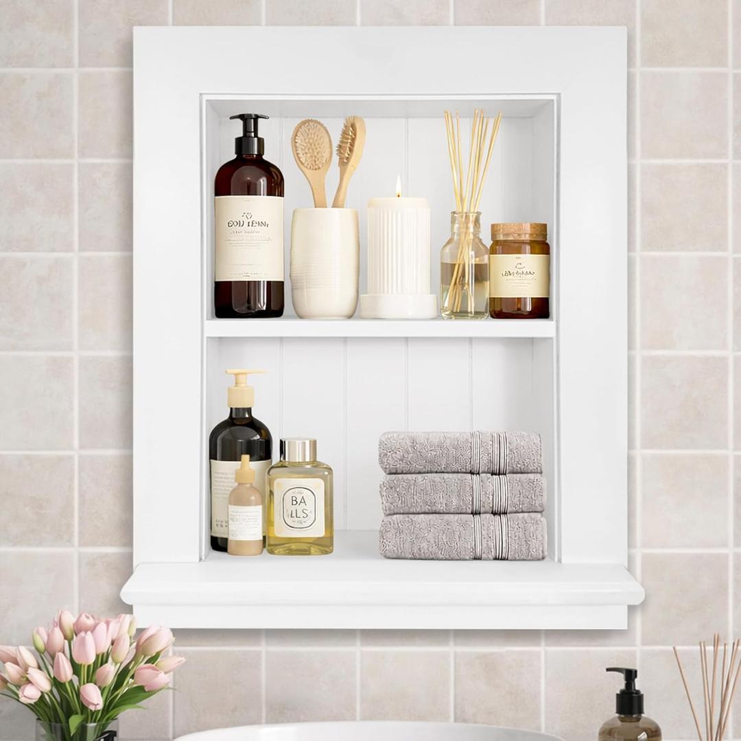 Royxen Bathroom Wall Cabinet with 2-Tier Shelves,Wooden Recessed Medicine Cabinet Over Toilet Storage Cabinet,Bathroom Cabinet Wall Mount for Home Storage, 14 x 18 Inch, White