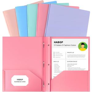HABGP Two Pocket Folder With Prongs (5 Pack, Pastel Colors), Plastic Folders With Pockets and Business Card Holder, Fit Letter Size, for Organizing Papers in School, Office & Business