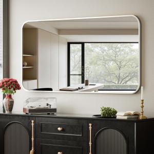 BEAUTYPEAK Wall Mounted Bathroom Mirror - 26" x 38" Silver Rectangular Aluminum Alloy Frame Mirror with Rounded Corners