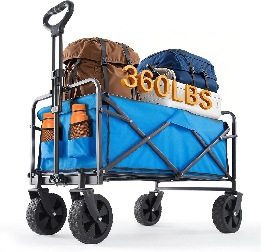 Sweetcrispy Foldable Wagon Cart, Collapsible Large Capacity Garden Cart with Wheels, Heavy Duty Utility Grocery Wagon with Drink Holders for Shopping Sports Camping (120L, Blue New)