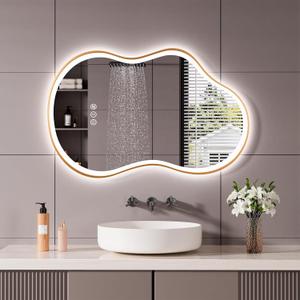 WTTY LED Irregular Bathroom Mirror 24x36 Inch with Front & Back Lights - Asymmetrical Design, Anti-Fog, Dimmable 3 Color Temperatures, Shatterproof Glass, Horizontal or Vertical Mount (Gold Frame)