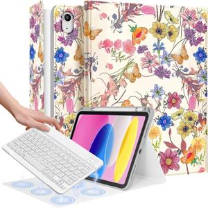 Wazzasoft for iPad 10th Generation Case with Keyboard - for iPad A16 Cases Pencil Holder 10.9 Inch Cover Women Girl Cute Girly Butterfly Flowers Design Funda for Apple Tablet 10th/11th gen