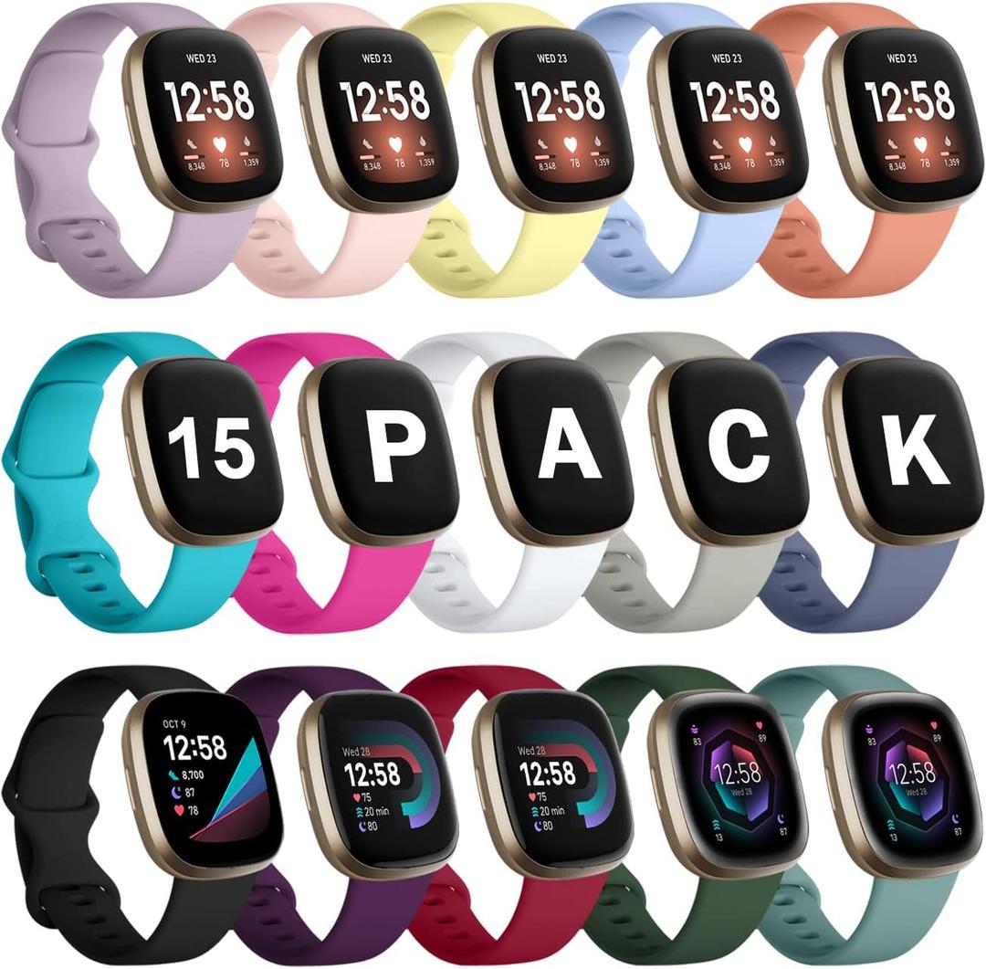 15 Pack Compatible with Fitbit Versa 3 Bands/Versa 4 Bands/Fitbit Sense 2/Sense Bands,Soft Replacement Waterproof Sport Watch Strap Wristband for Fitbit Versa 3 Bands for Women Men Small