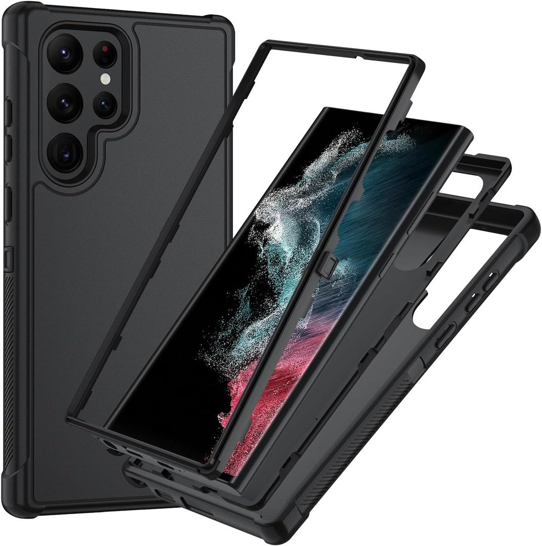 SunStory Compatible with Samsung Galaxy S22 Ultra Case with HD Screen Protector, 3-Layer Heavy Duty Full-Body Cover, 3 in 1 Hybrid Protective Case for Galaxy S22 Ultra 6.8", Black