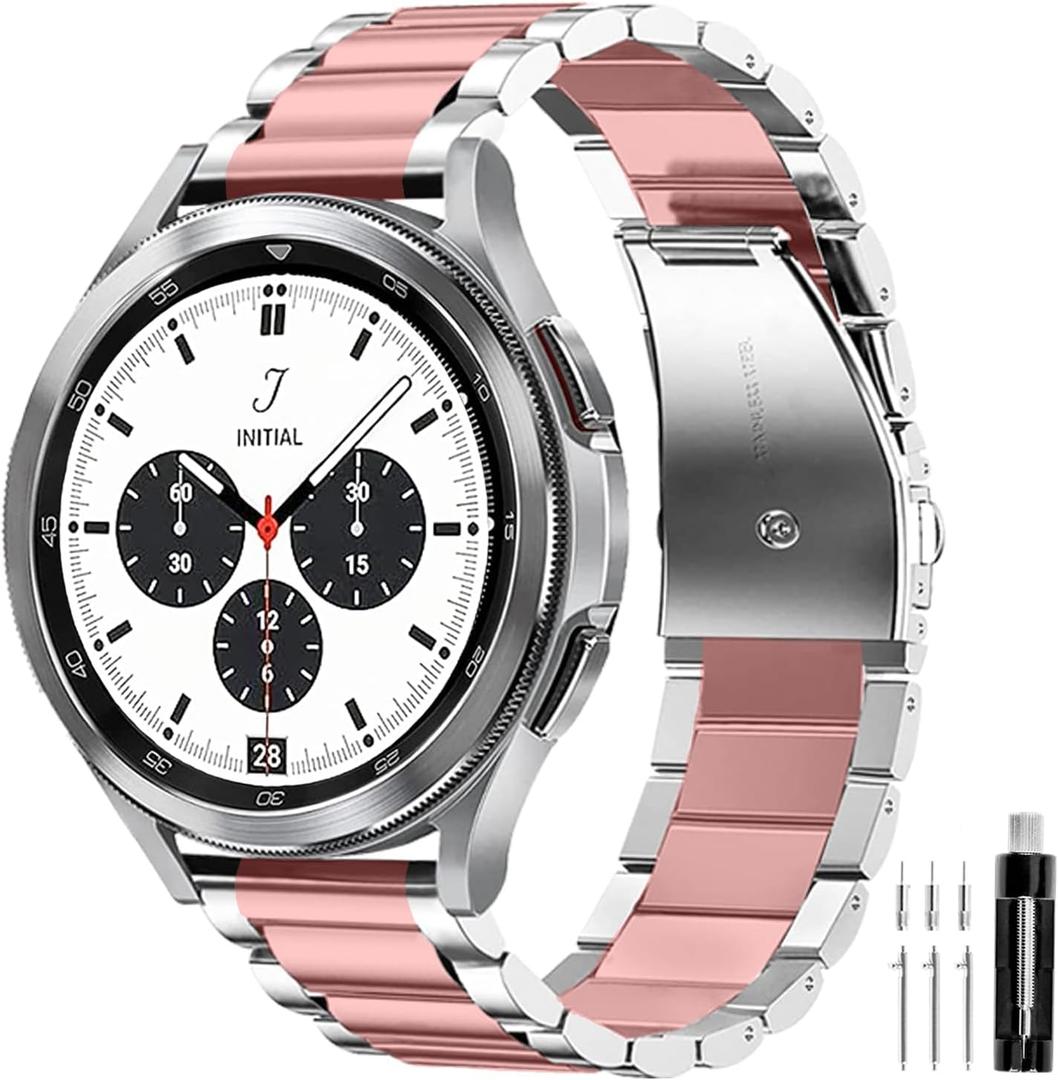 GOLDTOLUCK Stainless Steel Band Compatible with Samsung Galaxy Watch 8 7 6 5 4 Classic FE Pro 40mm 44mm 46mm 43mm 47mm 45mm 42mm 20mm Men Women Milanese Replacement Metal Elegant Casual (Pink/Silver)