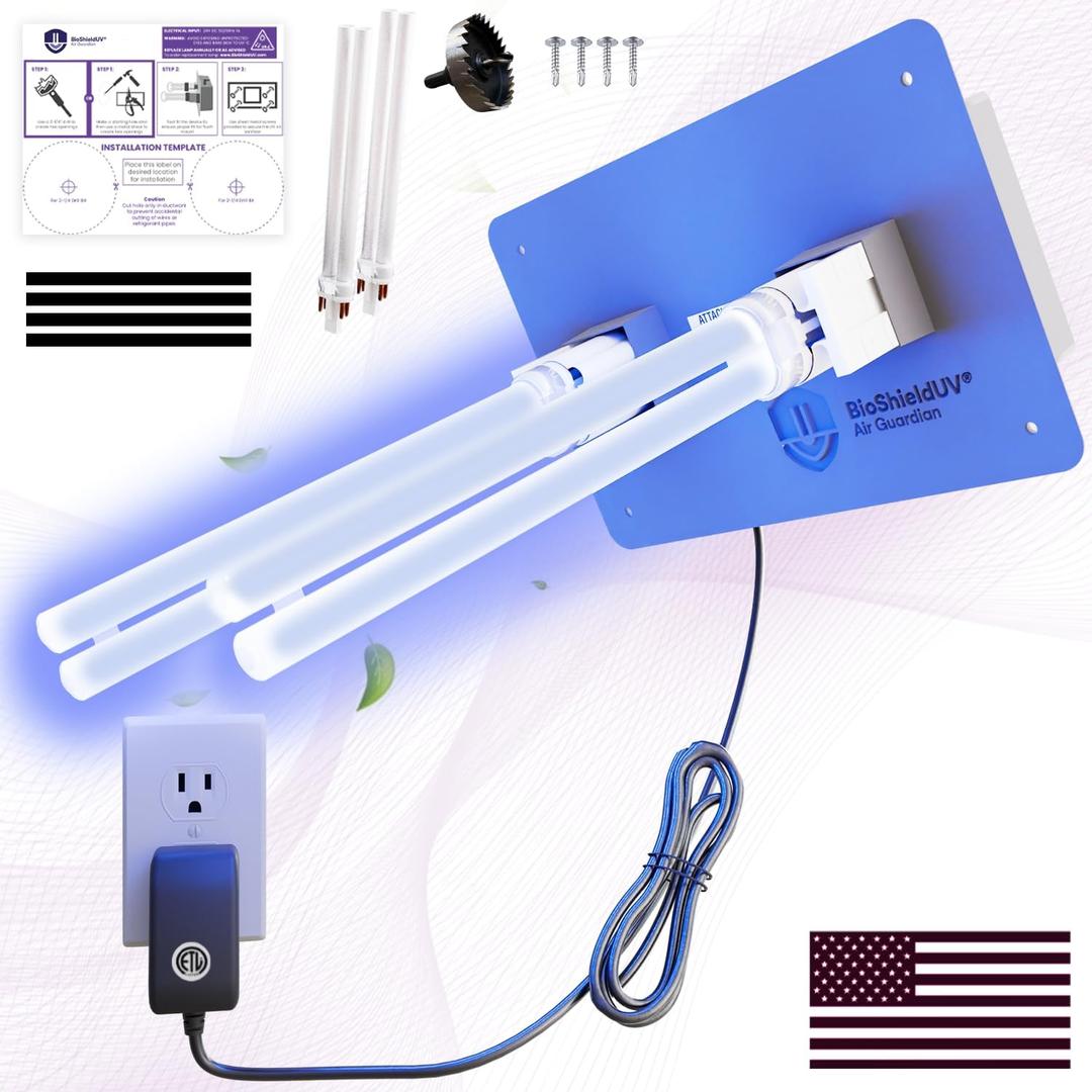 Mammoth BioShieldUV Air Guardian 18W HVAC UV Light Air Purifier,4 Bulbs,Wall Outlet Powered, CE, FCC & UL Certified UV-C Light for AC for the Whole House, Furnace & UV light for AC system (110V Lamp)