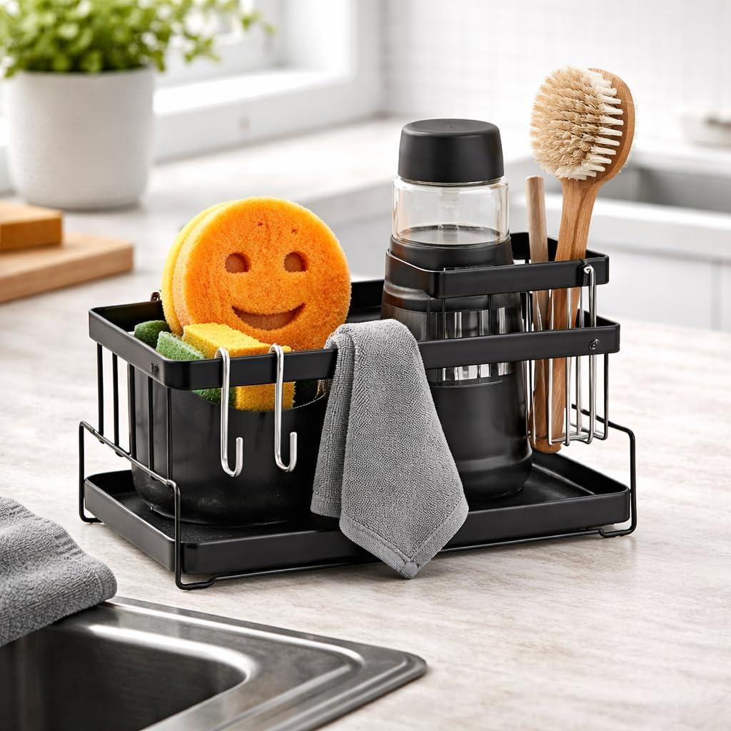 Nuevella Kitchen Sink Caddy Organizer Kit with Soap Dispenser, Sponge, Towel & Hooks Stainless Steel Sink Organizer Set, Complete Kitchen Sink Accessories with Drain Tray, Rust-Resistant