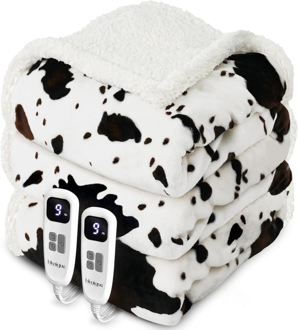 Heated Blanket Queen Blanket - Fast Heating Electric Blanket, Soft Flannel Heated Queen with 4 Time Settings,10 Heating Settings, Warm Gifts for Women & Mom & Grandma(84"x90"Cow Print White) (01 - Black Ombre-white)