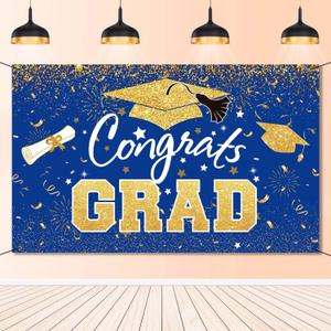 Graduation Party Decorations - Blue Gold Congrats Grad Class of 2025 Backdrop Banner Large Sign Wall Decorations Photography Background Party Supplies for 2025 Graduation Party Decorations